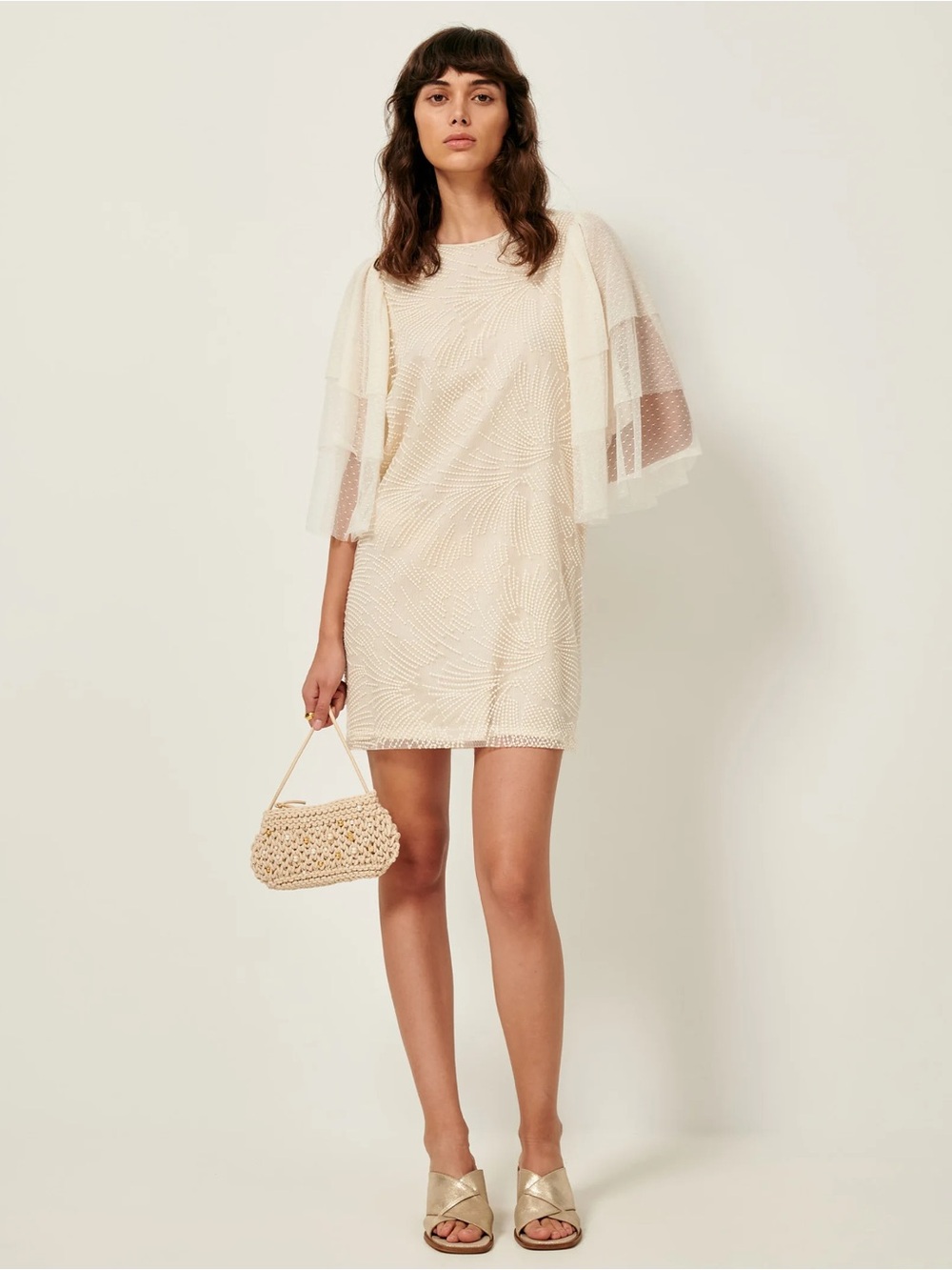 Sessùn Colomba Wedding Collection Mini Dress Ivory Embroidered Sheer Sleeves M